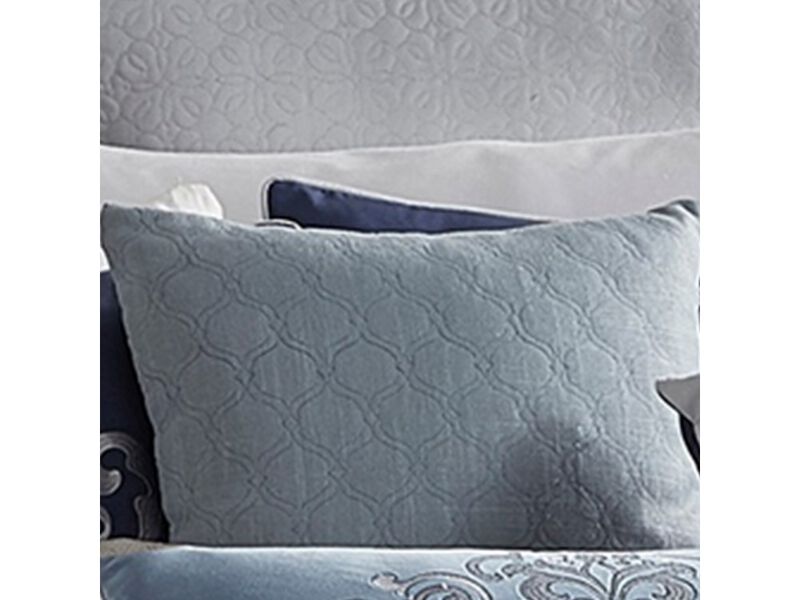 9 Piece Queen Polyester Comforter Set with Damask Prints, Blue and Gray - Benzara