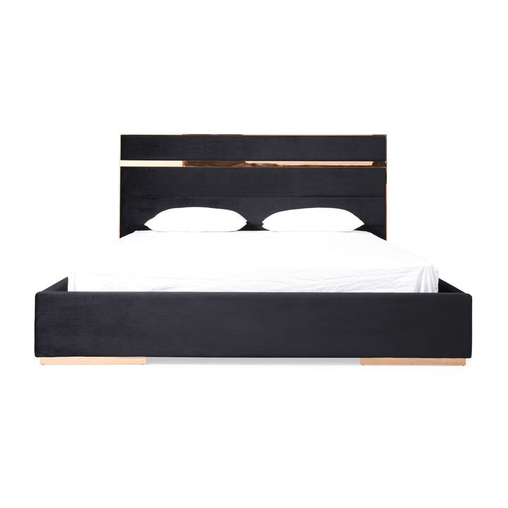 Caer Platform King Bed, Black Velvet Upholstery, Rose Gold Steel - Benzara