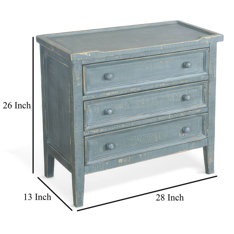 Rena Side End Table with 3 Drawers, 28 Inch Rustic Green Mahogany Wood - Benzara