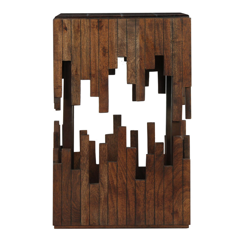 24 Inch Accent Side End Table, Brown Acacia Wood, Slatted Square Top, Handcrafted Abstract Silhouette, Black Iron - Benzara