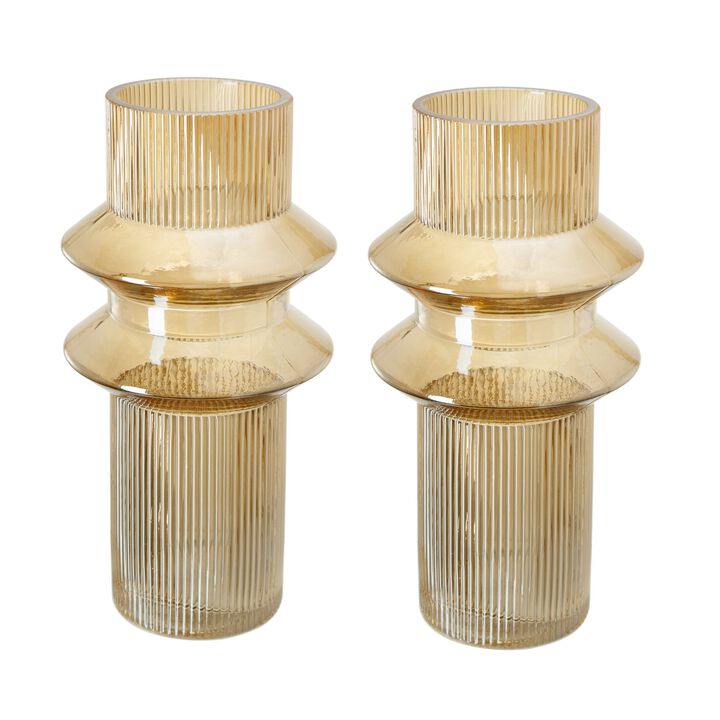 Rae Set of 2 Glass Vases, Tall Round Cylinders, Amber Yellow, Clear Finish-Benzara