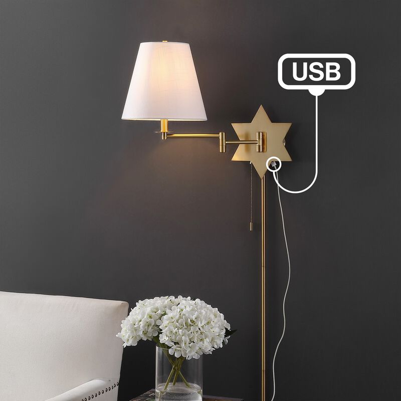 David Modern French Country Swing Arm Plug-In or Hardwired Iron LED Star Wall Sconce with Pull-Chain and USB Charging Port