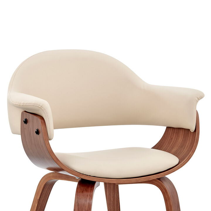 Leatherette Dining Chair with Curved Seat, Cream and Brown - Benzara