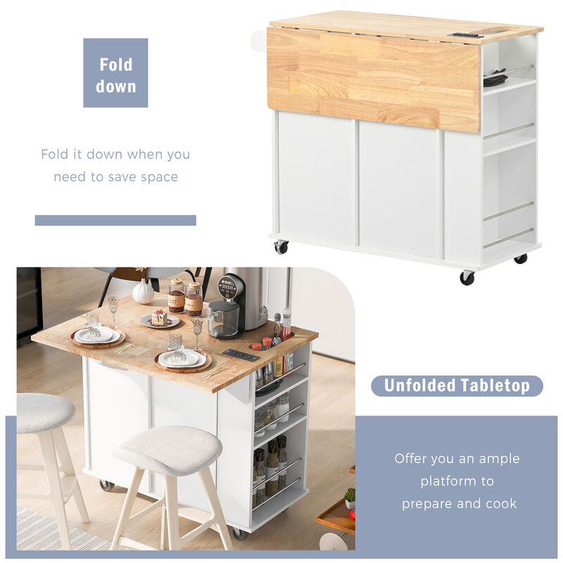 Streamdale Kitchen Island with Power Outlet and Drop Leaf, White