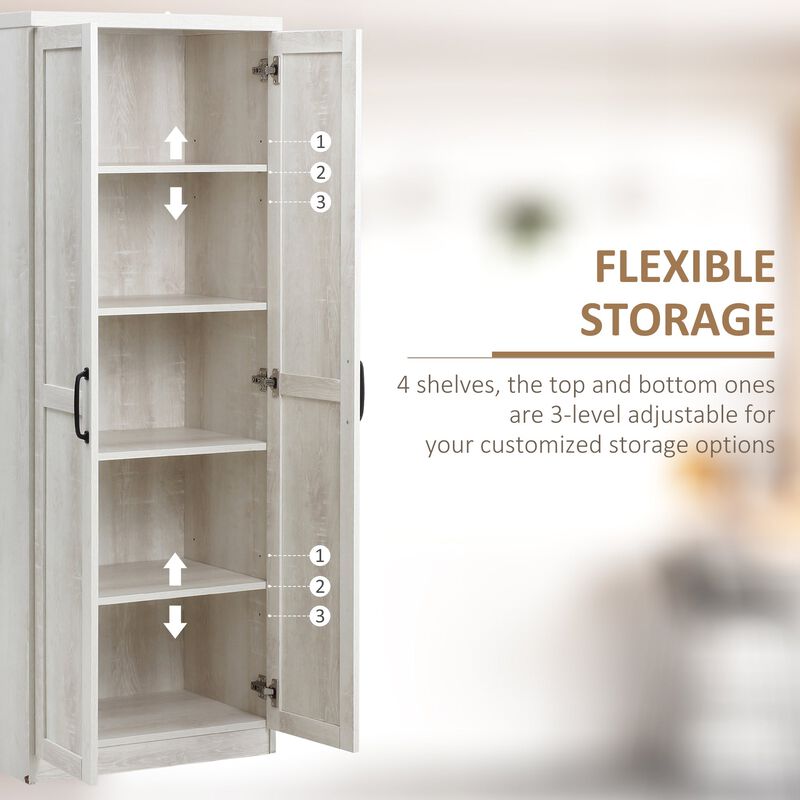 63" Antique White Pantry: 5-Tier Shelving, 2 Adjustable Shelves
