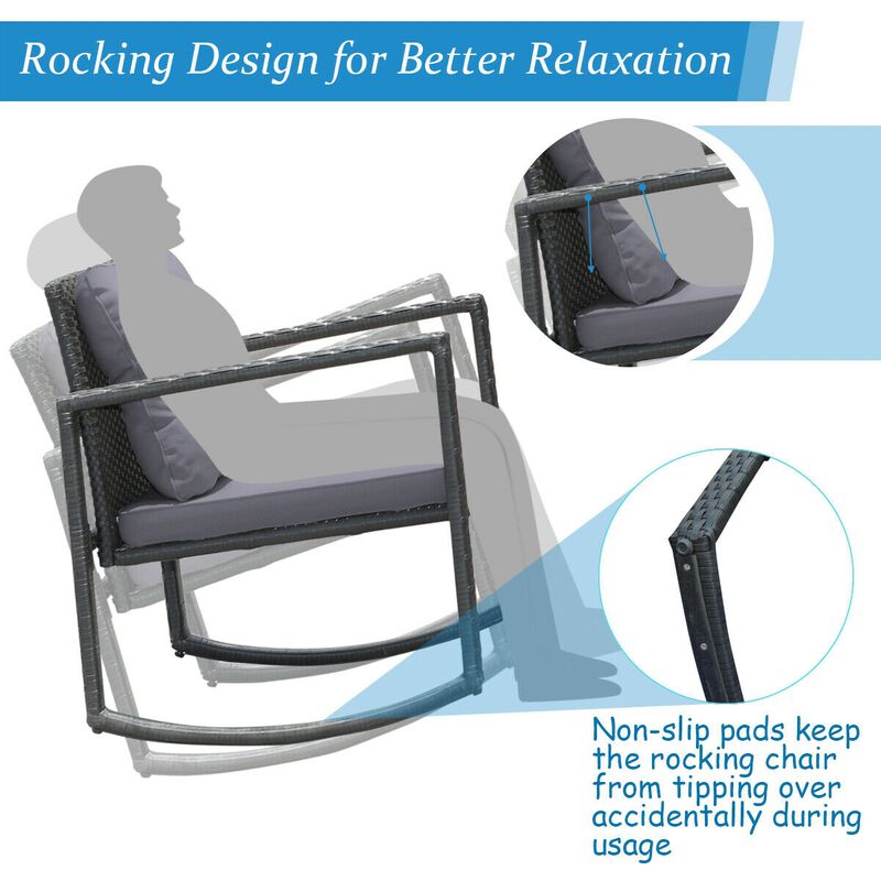 3 Pieces Cushioned Patio Rattan Set with Rocking Chair and Table-Grey