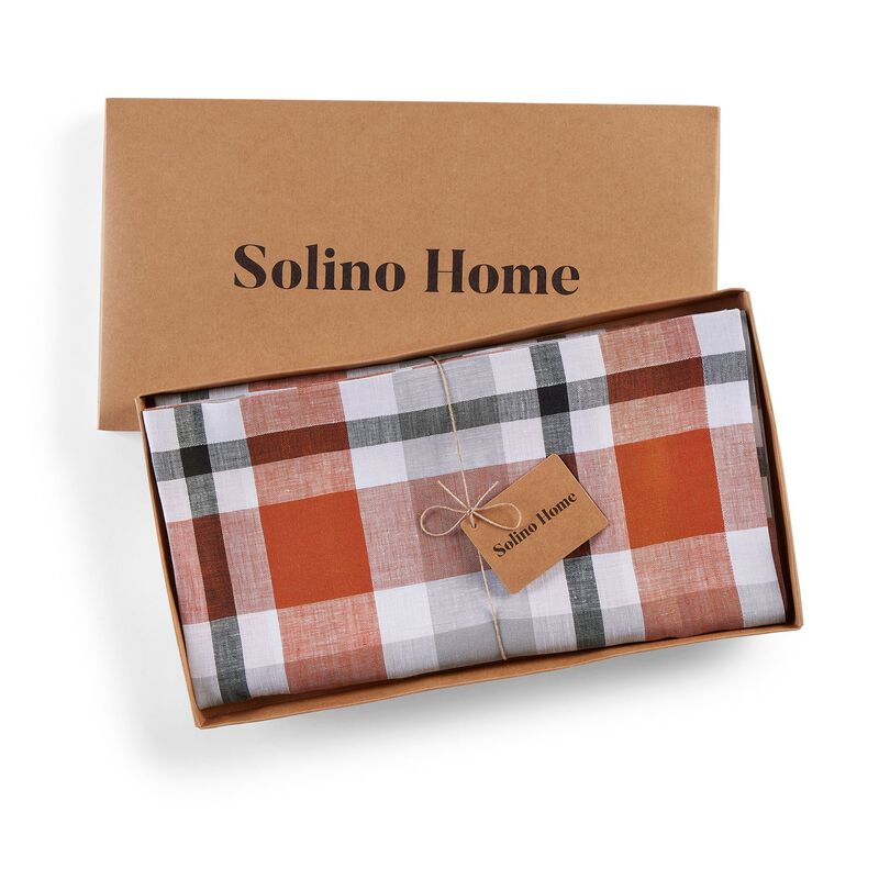 Solino Home 100% Pure Linen Table Throw 52 x 52 Inch | Fall Buffalo Check for Thanksgiving, Christmas