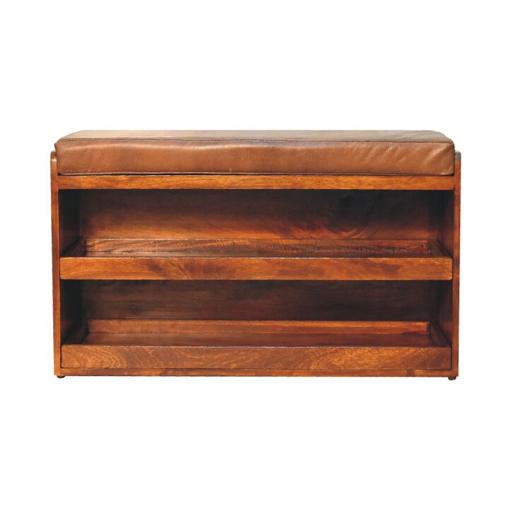 Artisan Furniture Buffalo Hide Pull out Chestnut Solid Wood  Shoe Storage Bench