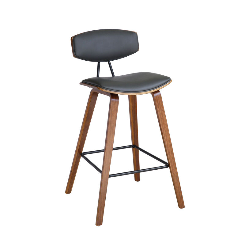 Fox Counter Height Black Faux Leather and Black Wood Mid-Century Modern Bar Stool