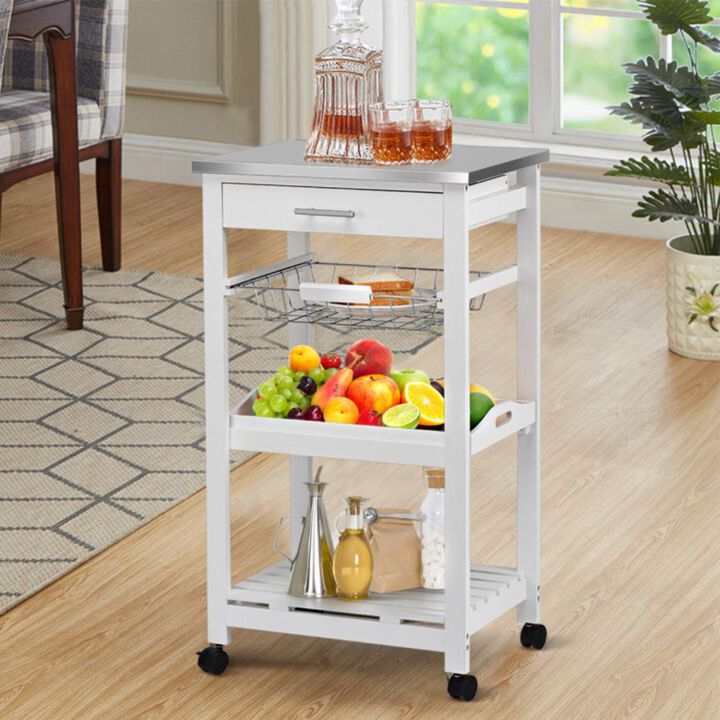 Hivvago Kitchen Island Cart with Stainless Steel Tabletop and Basket-White