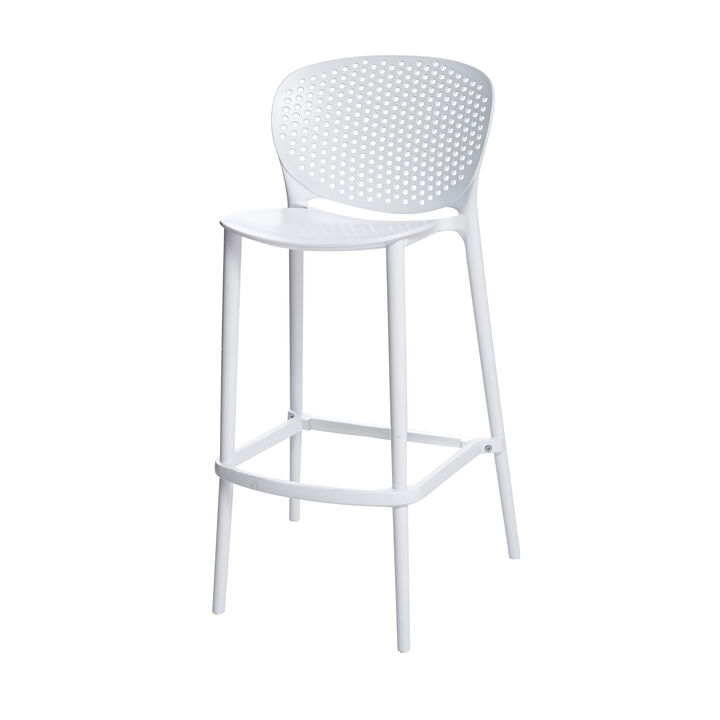 Celin 30 Inch Barstool Chair, Set of 4, Stackable, Mesh, Curved Seat, White - Benzara