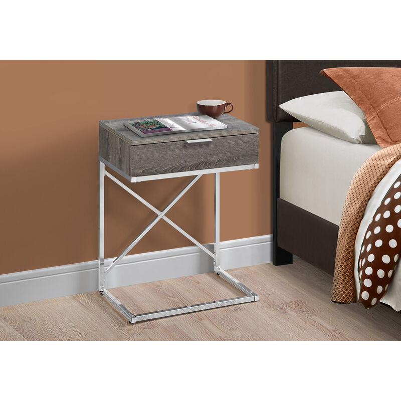 Monarch Specialties I 3475 Accent Table, Side, End, Nightstand, Lamp, Storage Drawer, Living Room, Bedroom, Metal, Laminate, Brown, Chrome, Contemporary, Modern