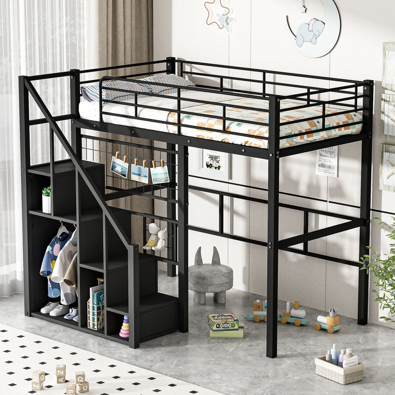 Merax Metal Loft Bed with Storage Staircase and Small Wardrobe