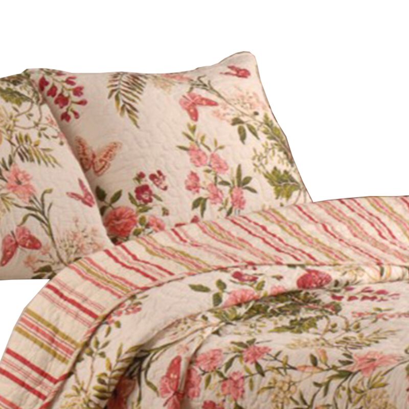 Atlanta Fabric 3 Piece Queen Size Quilt Set with Butterfly Print,Multicolor - Benzara