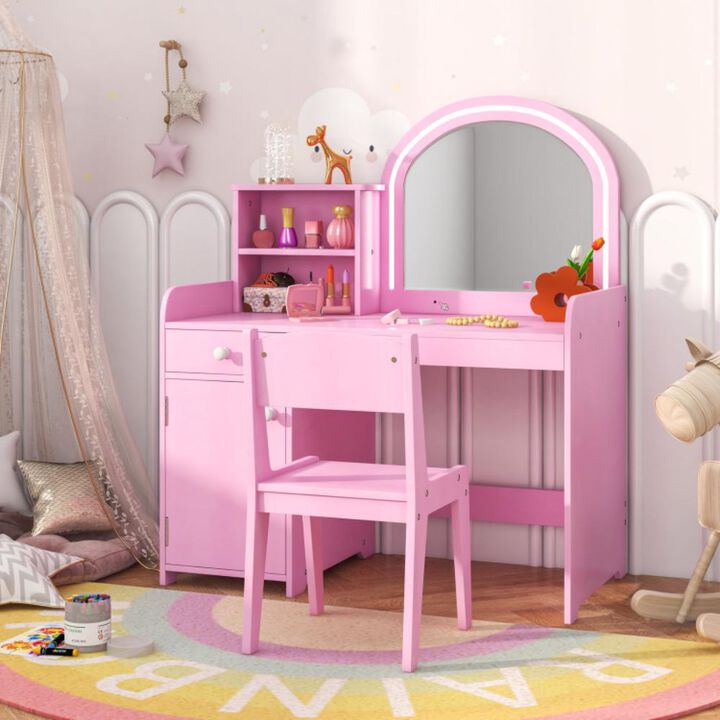 Hivvago Kids Vanity Table and Chair Set with Shelves Drawer and Cabinet-Pink
