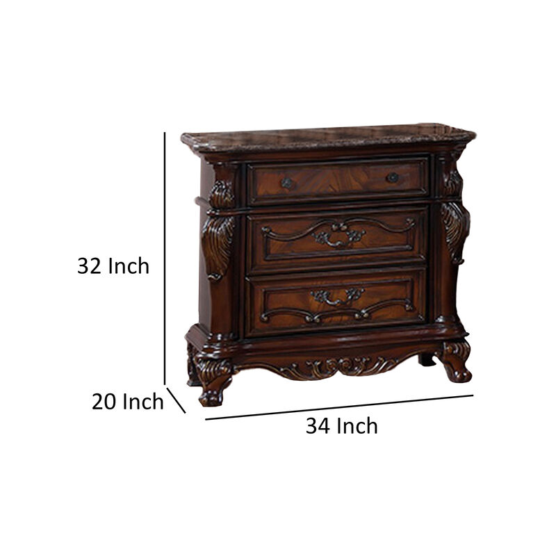 Venta Nightstand, 3 Drawers, Carved Details, Cherry Brown Solid Wood Frame