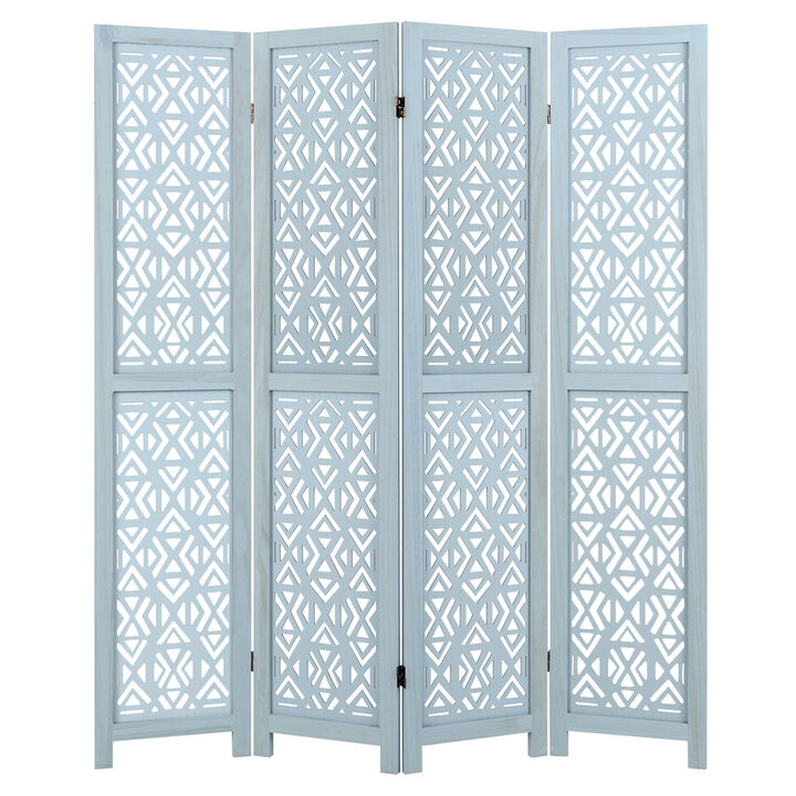 Wooden Room Divider with Carved Cutout Pattern and Solid Wood Frame-4 Panel