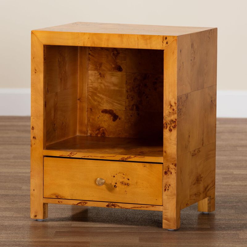 bali & pari Camira Modern and Contemporary Natural Light Mappa Burl Wood 1 Drawer Nightstand