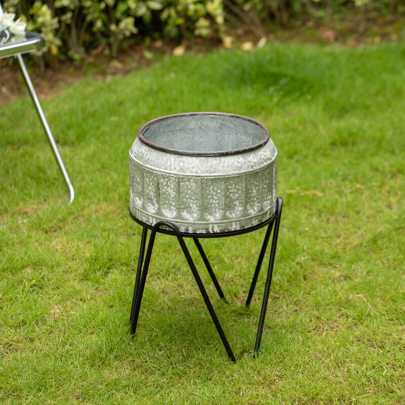 Silver Galvanized Metal Ice Bucket Beverage Cooler Tub with Stand, Medium