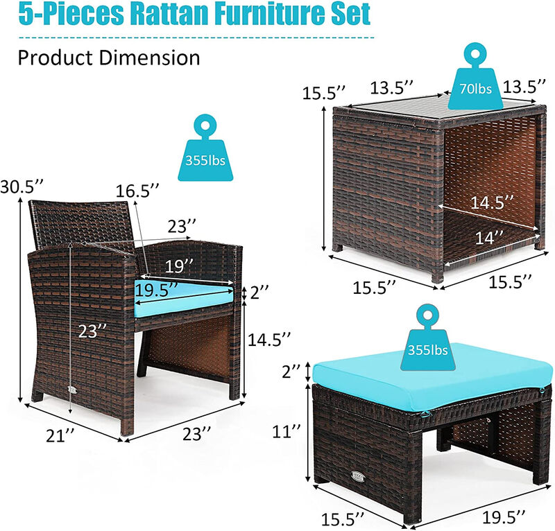 5 Pieces Patio Rattan Furniture Set with Ottoman and Tempered Glass Coffee Table