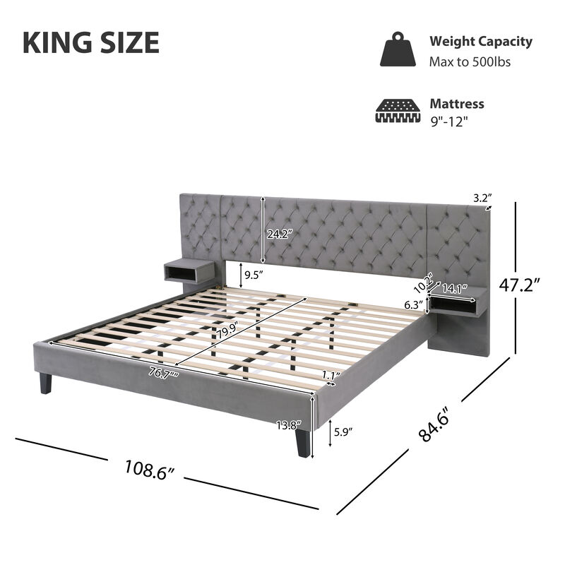 Merax Modern Velvet Upholstered Platform Bed with Headboard