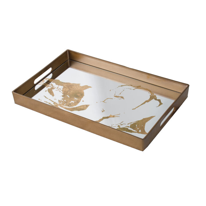 18 Inch Decorative Tray, Modern Mirrored Base, Bronze Metal Frame-Benzara