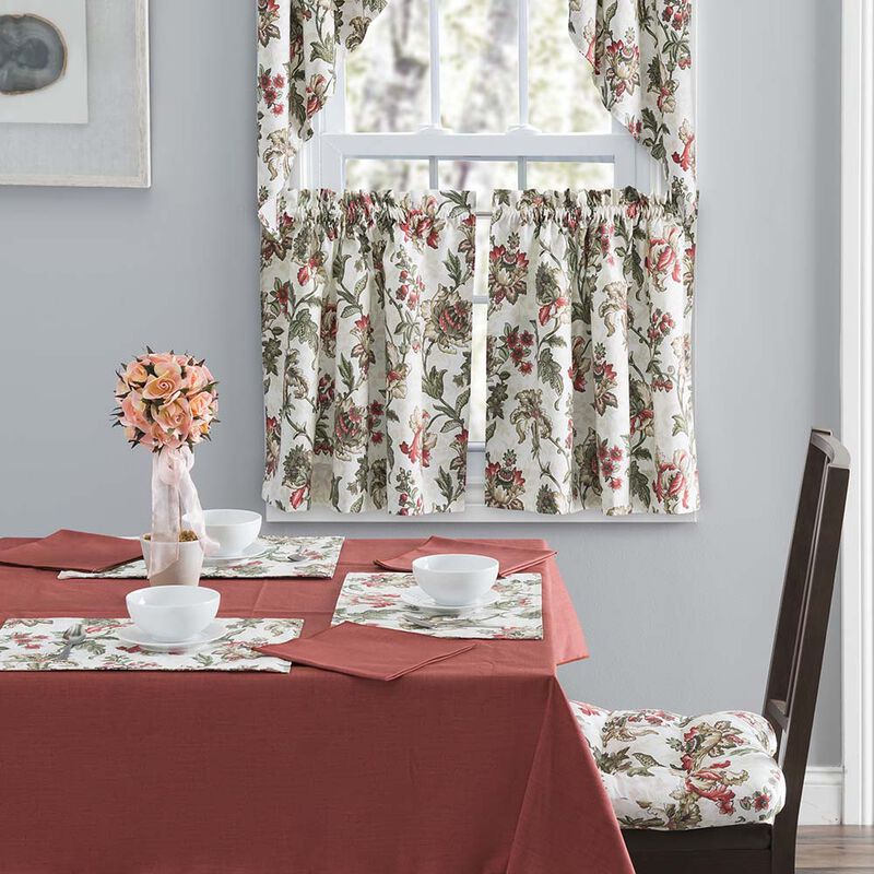 Ellis Curtain Madison Floral Design Printed Natural Ground 1.5" Rod Pocket Tailored Tier