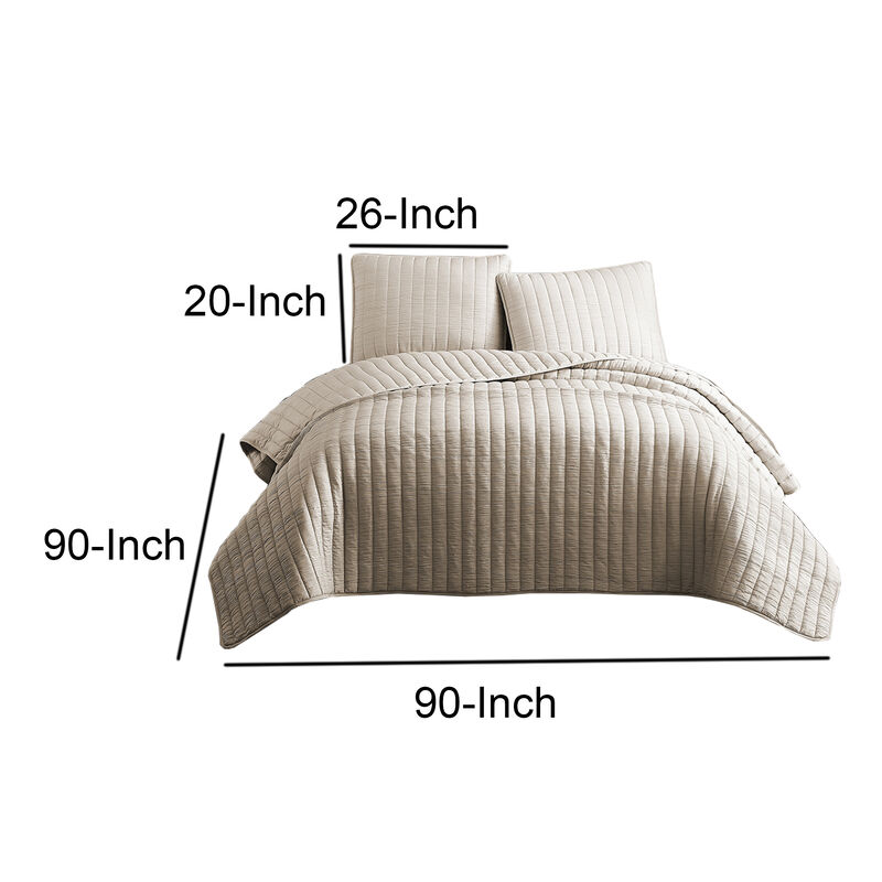 3 Piece Crinkle Queen Size Coverlet Set with Vertical Stitching, Pink-Benzara