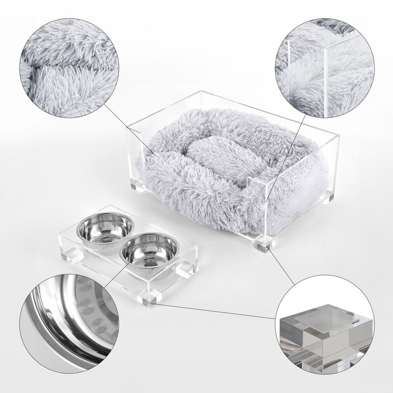 Billie Small Modern Lucite Calming Fluffy Pet Bed with Washable Cushion and Elevated Pet Feeder with 2-Stainless Steel Bowls (Set of 2)
