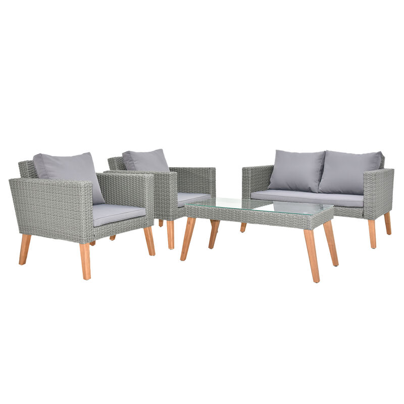 Resin Rattan and Wood Patio Set 4-Piece Conversation Furniture with Cushions
