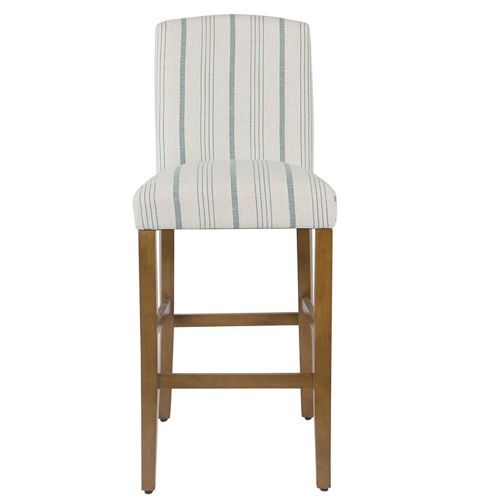 Fabric Upholstered Wooden Barstool with Striped Cushioned Seat, White and Blue - Benzara