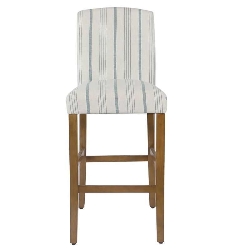 Fabric Upholstered Wooden Barstool with Striped Cushioned Seat, White and Blue - Benzara
