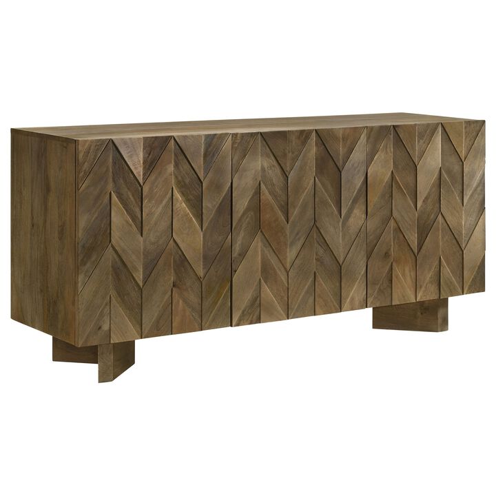 64 Inch Dining Sideboard Server, 2 Cabinets, Chevron Pattern, Mango Brown - Benzara