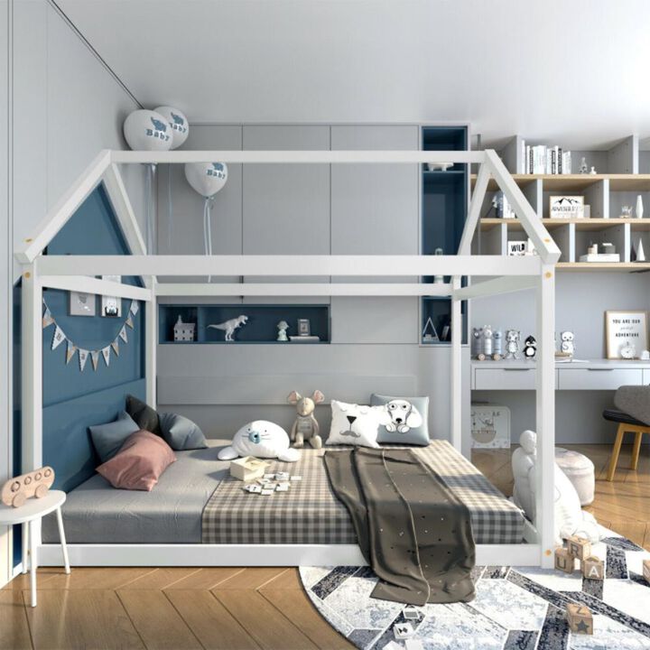 Hivvago Twin Size Kids House Bed Wood Frame with Roof