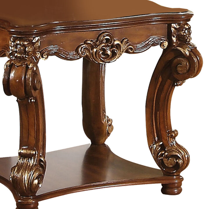 Square Top End Table With Scrolled Leg And Bottom Shelf, Cherry Brown-Benzara