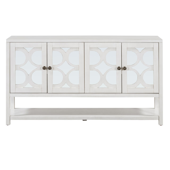TREXM Elegant Retro Console Table/Storage Cabinet/Sideboard with Mirrored Doors, Spacious Shelves, and Durable Acacia Wood Legs - Perfect for Living Room, Dining Room, or Entryway (Antique White)