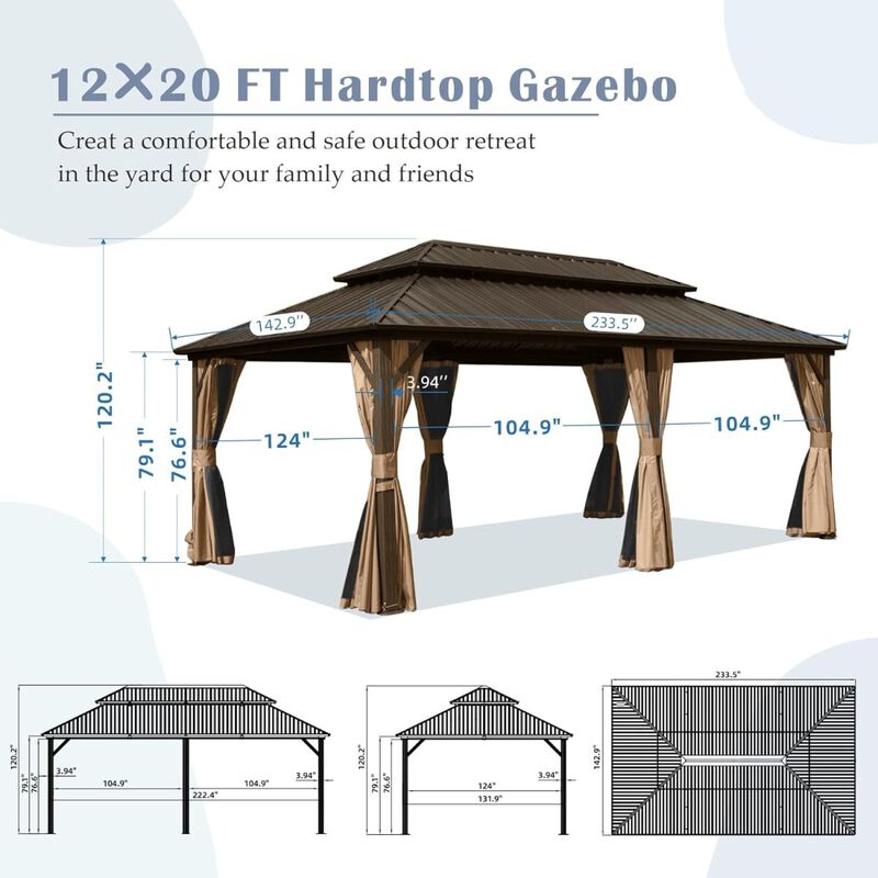 12' X 20' Hardtop Gazebo, Aluminum Metal Gazebo Withnized Steel Double Roof Canopy
