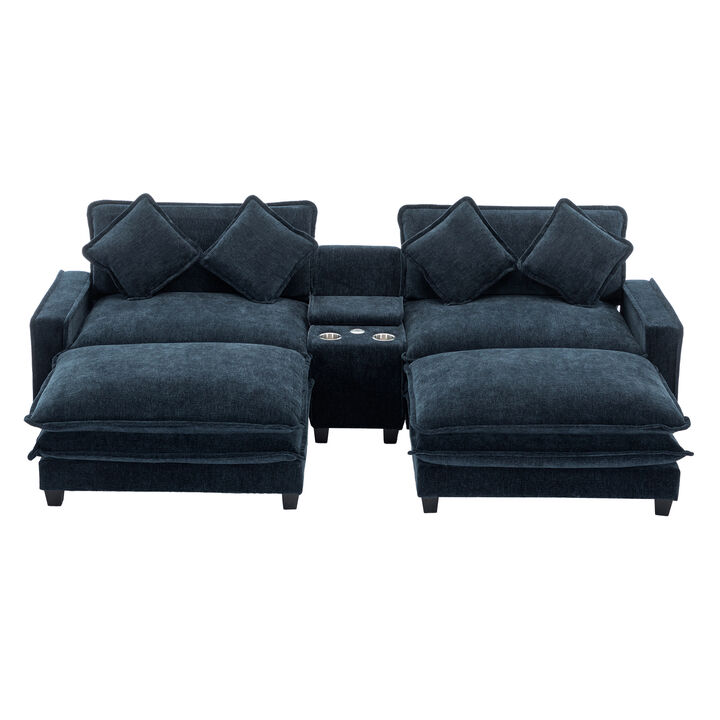 112.6" Sectional Sofa Chenille Upholstered Sofa with Two Removable Ottoman, Two USB Ports, Two Cup Holders and Large Storage Box for Living Room, Beige