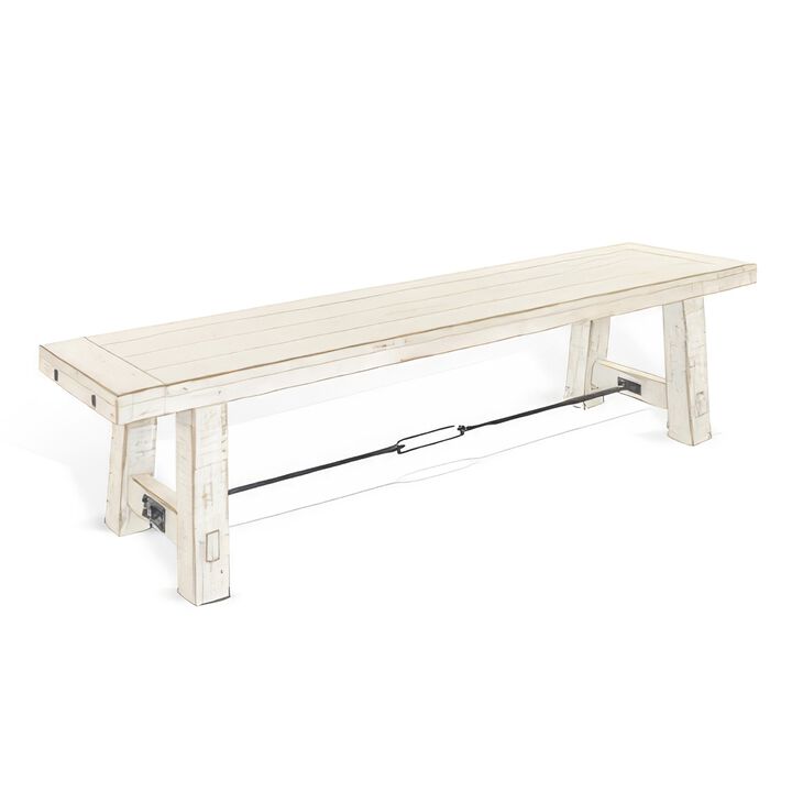 Rena Dining Bench, Turnbuckle Accent, 64 Inch White Mahogany Wood - Benzara