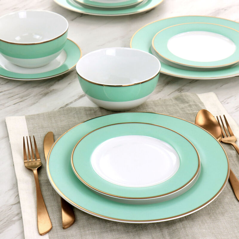 Martha Stewart Gold Rimmed 12 Piece Fine Ceramic Dinnerware Set in Mint