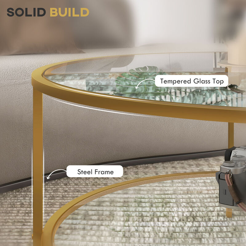 HOMCOM Round Side Table with Storage, 2-Tier End Table Tempered Glass Top