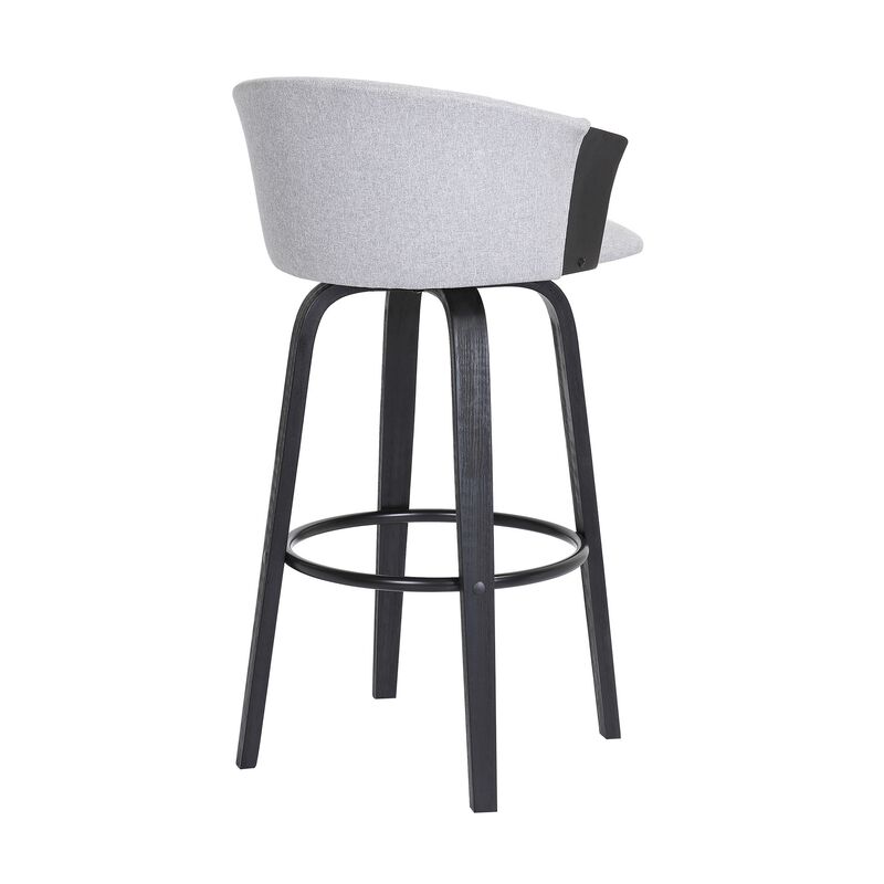 Oja 26 Inch Swivel Counter Stool Chair, Light Gray Fabric, Curved, Black - Benzara