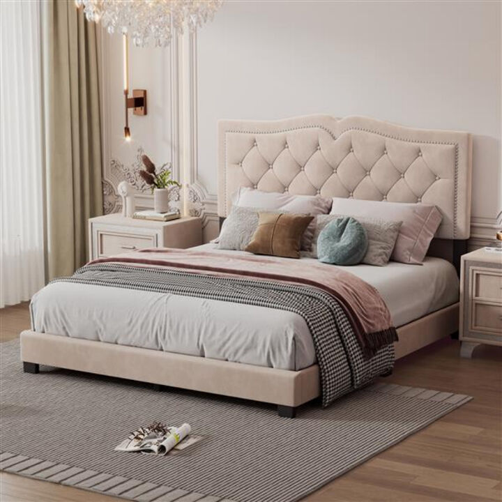 Modern Velvet Bed Frame with Rivet Detailing and Tufted Headboard Design