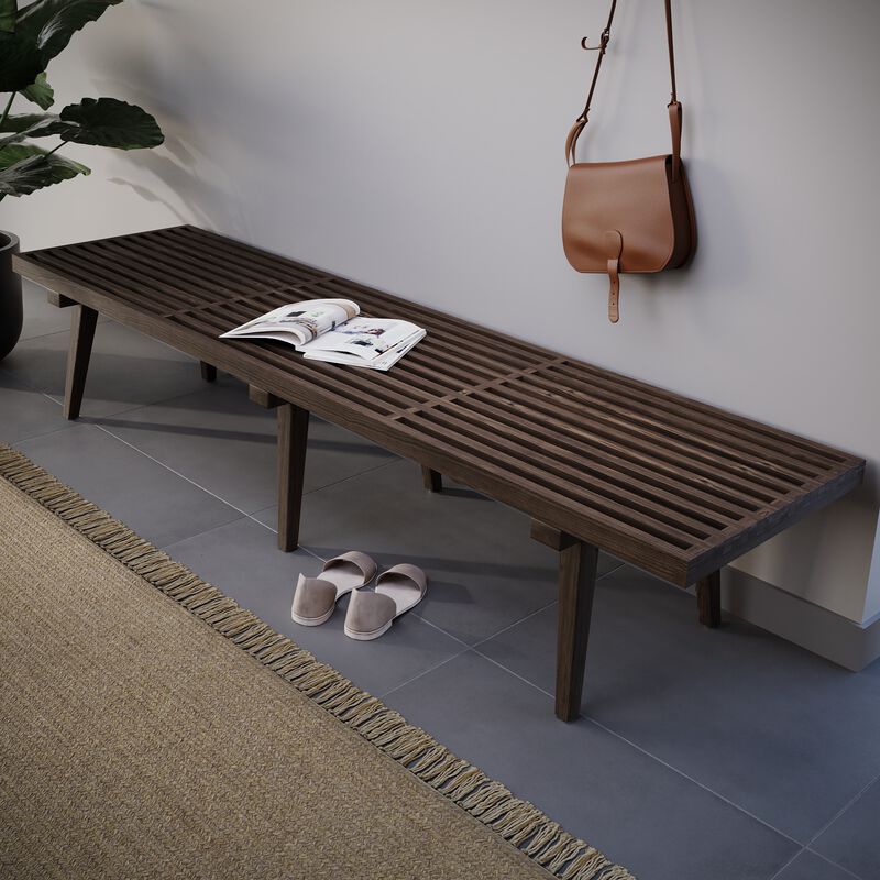 LeisureMod 72" Entryway Bench, Rubberwood Frame & Beech Wood Legs, Slatted Design for Bedroom, Living Room, Hallway – Modern Home Inwood Collection