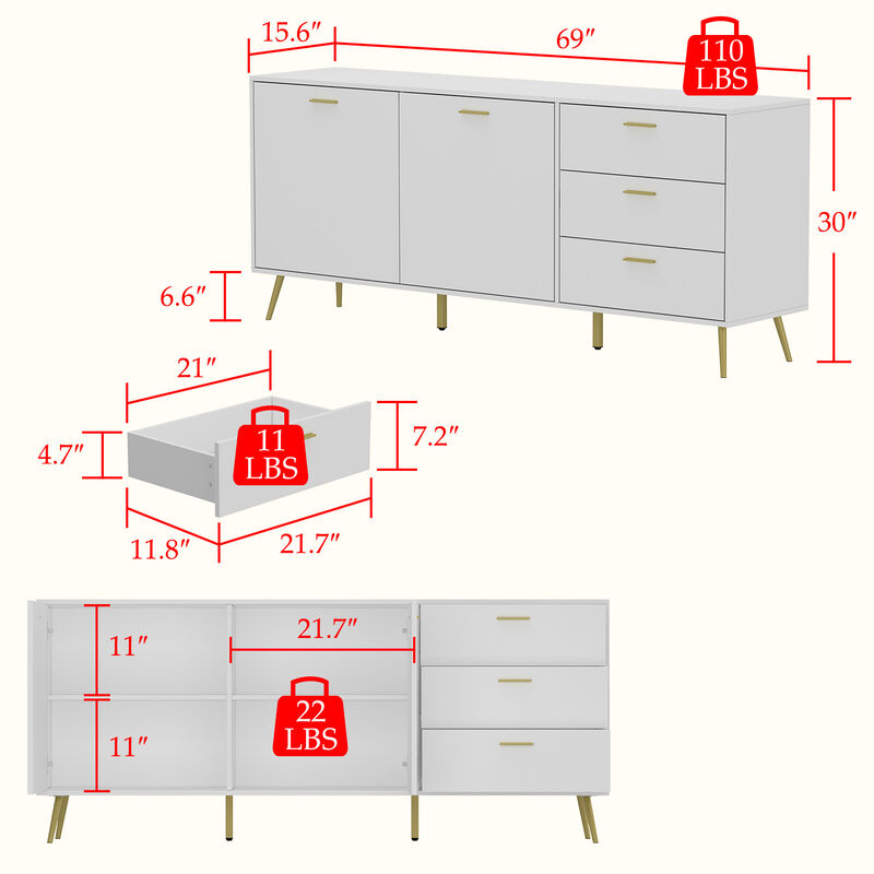 White Wood Buffet Sideboard Storage Cabinet 3-Drawers 2-Cabinets Shelves Kitchen Dining 69 in. W x 30 in. H x 15.6 in. D
