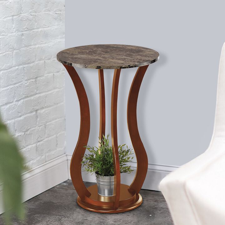Transitional Wooden Plant Stand With Faux Marble Top, Brown-Benzara