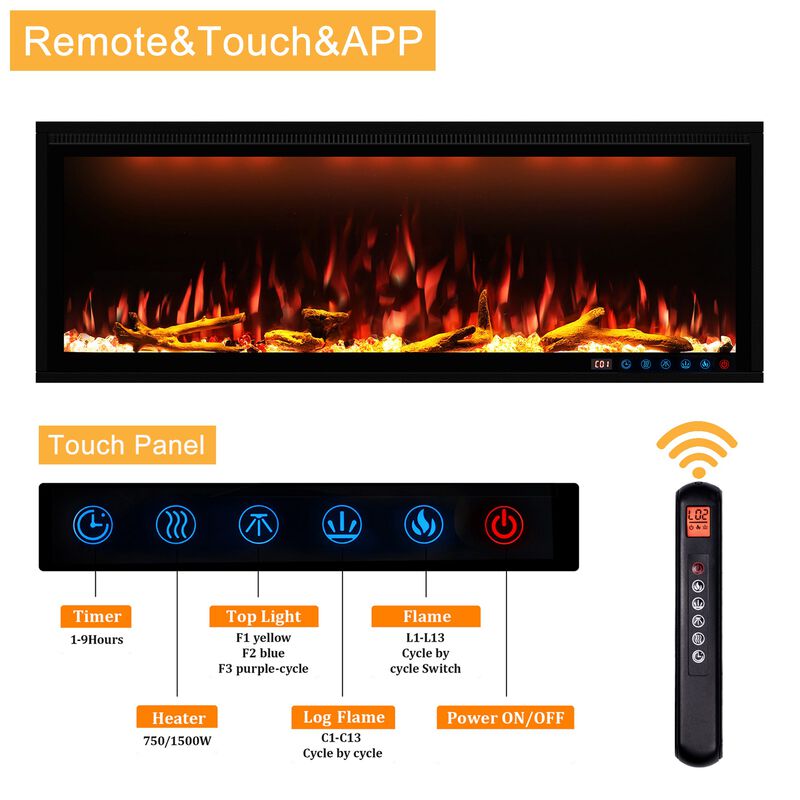 MONDAWE 50" Wall Mounted Embedded Electric Fireplace, 60Hz, 110-120 Volt, 1500W, With Overheat Protection Device