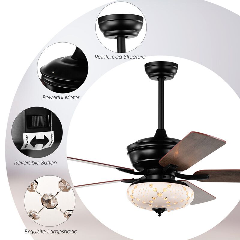 52 Inch Ceiling Fan with 3 Wind Speeds and 5 Reversible Blades-Black