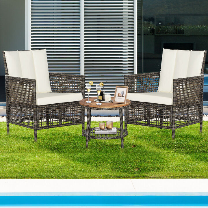 3 Pieces Patio Rattan Conversation Sets with Cushioned Sofas and Wood Table Top