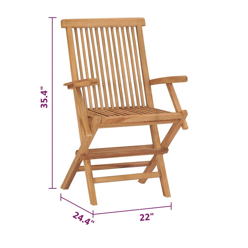 Folding Outdoor Chair Set of 2, Brown Solid Teak Wood, Slatted Back - Benzara
